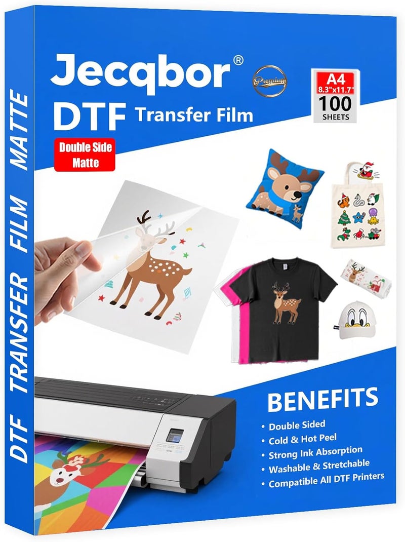 Jecqbor DTF Transfer Film Paper A4 for All DTF Printer& Dark Fabric (100 Sheets) Photo Direct to Film Transfer Paper Sheets, Clear PET Heat Transfer Printable Paper for DIY Custom Logo T-Shirts Textile - Image 1